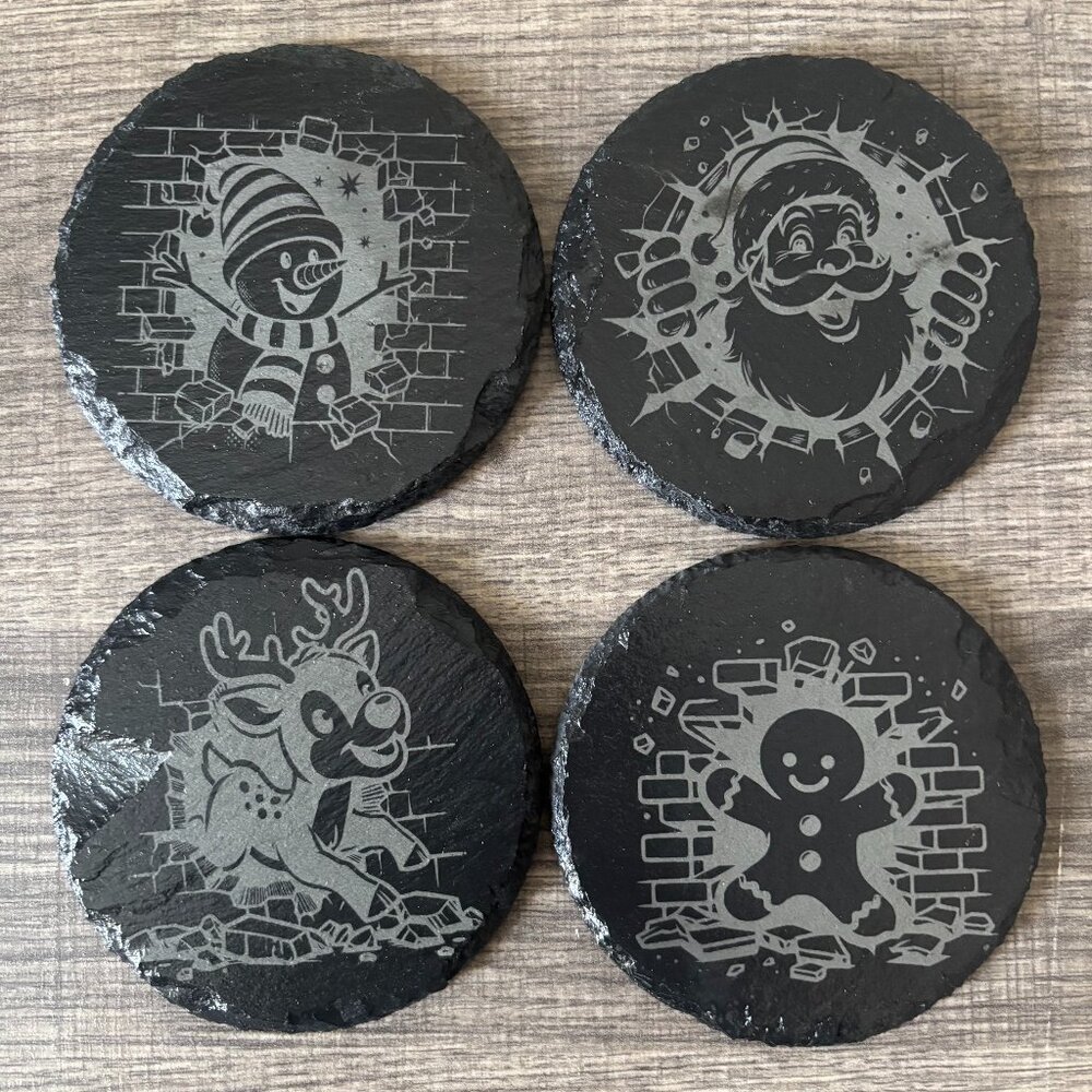 🎅 Christmas Slate Coaster Set – 4 Pc Laser Engraved Holiday Decor